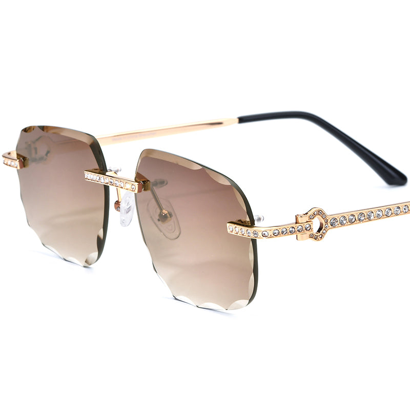 Designer Rimless Diamante Square Sunglasses - Gold Brown Lens - MCROONS