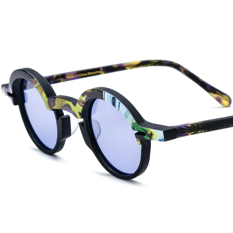 Retro Multicolour Round Matte Acetate Polarized Sunglasses UV400 - Purple Yellow Purple Lens - MCROONS