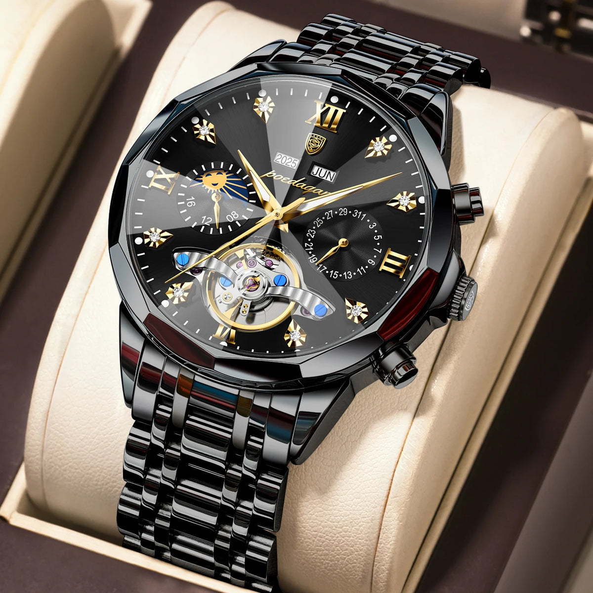 Poedagar 1422 Men's Luxury Automatic Mechanical Watch – Stainless Steel Band, Waterproof, Luminous, Date