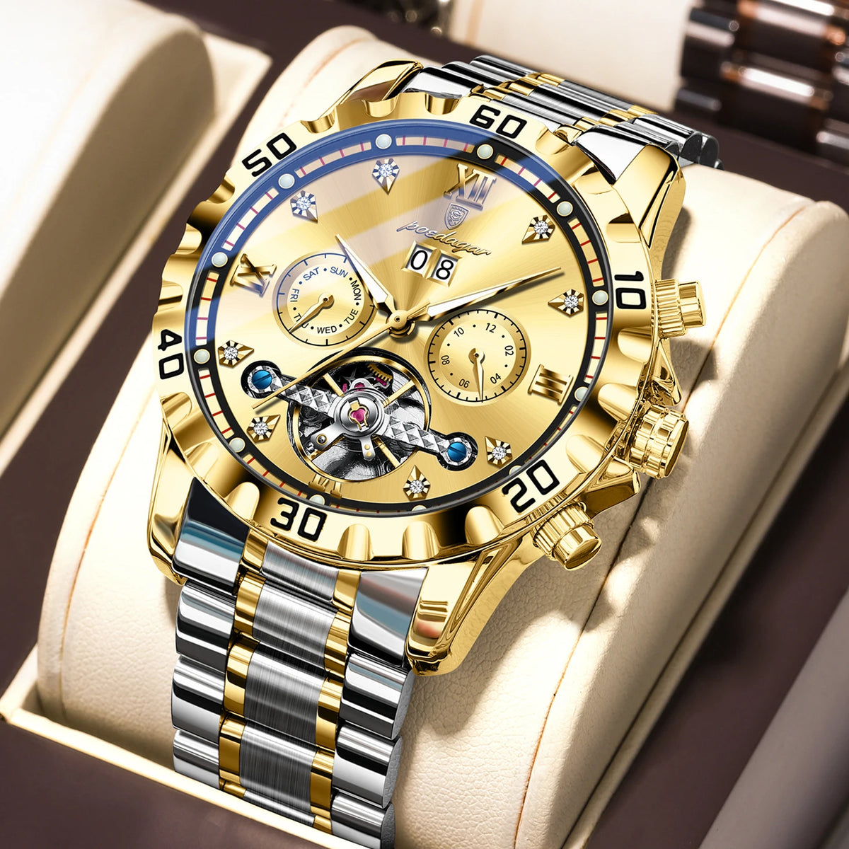 Poedagar 1418 Men's Luxury Automatic Mechanical Watch – Stainless Steel Band, Waterproof, Luminous, Date