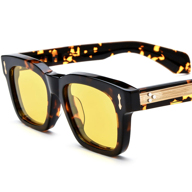 Retro Square Thick Acetate Polarized Mirrored Sunglasses - Leopard Yellow Lens - MCROONS