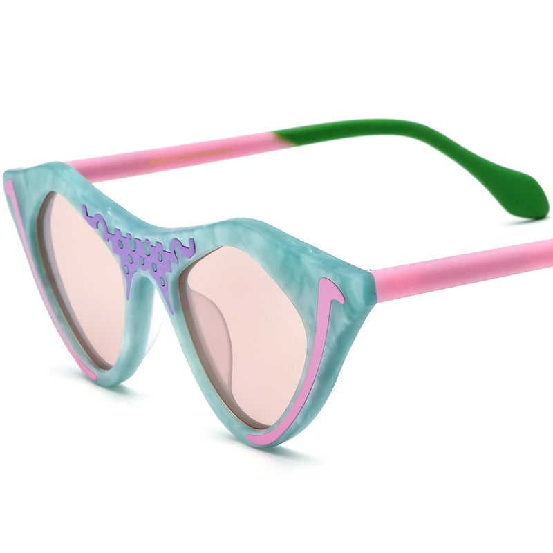 Matte Acetate Cat Eye Polarized Sunglasses Retro - Light Green Pink Lens - MCROONS