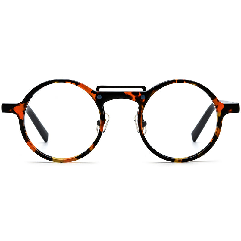 Retro Tortoiseshell Round Acetate Optical Glasses Frame - Black Leopard - MCROONS