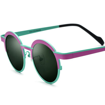 Colourful Titanium Round Polarised Sunglasses - Pink Cyan Dark Green Lens - MCROONS