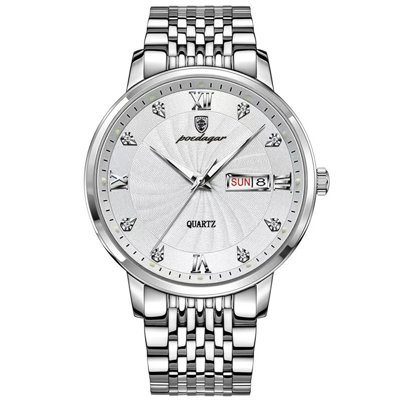 Poedagar 827 Men's Luxury Quartz Watch – Stainless Steel Band, Waterproof, Date