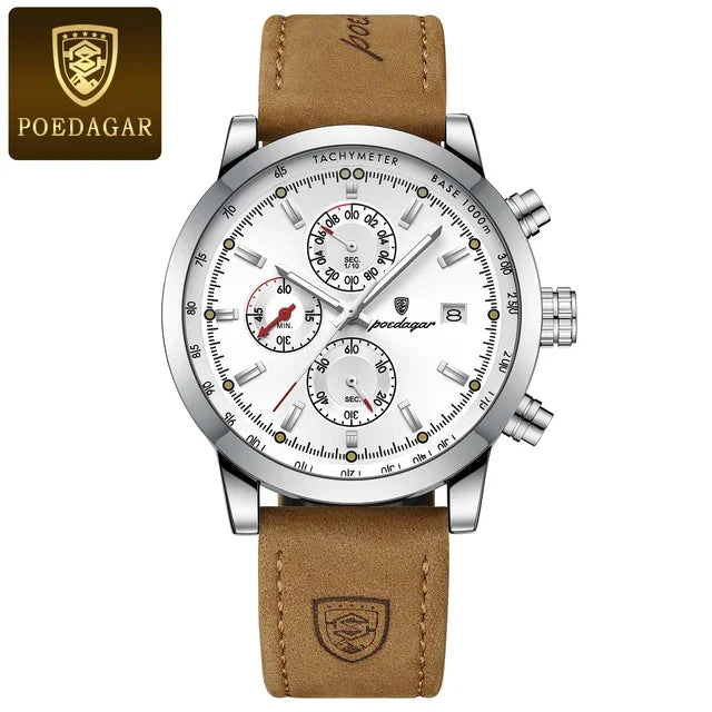 Poedagar 932 Men's Luxury Chronograph Quartz Watch – Leather Strap, Waterproof, Luminous, Date