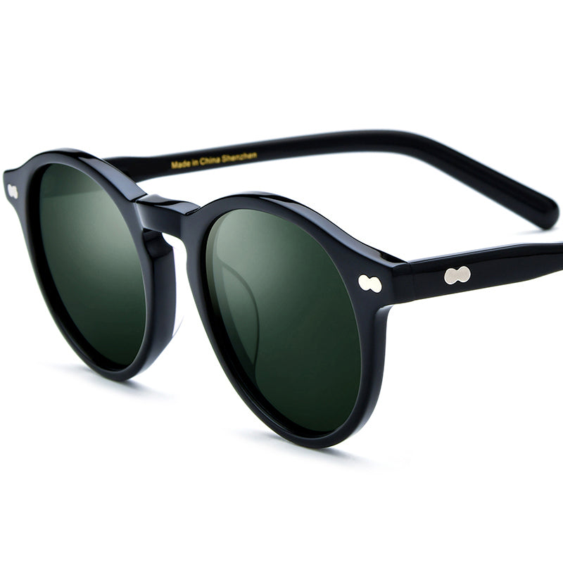 Retro Round Acetate Polarized Mirrored Sunglasses UV400 - Black Dark Green Lens - MCROONS