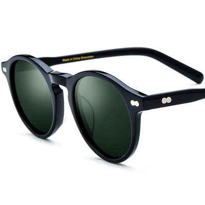 Retro Round Acetate Polarized Mirrored Sunglasses UV400 - Black Dark Green Lens - MCROONS