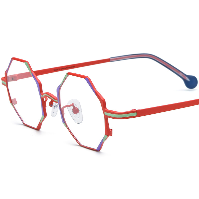 Colourful Titanium Octagon Optical Glasses Frame - Red - MCROONS