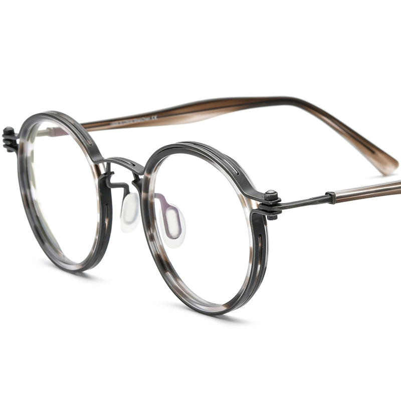 Acetate Titanium Round Optical Glasses Frame - Grey Leopard - MCROONS