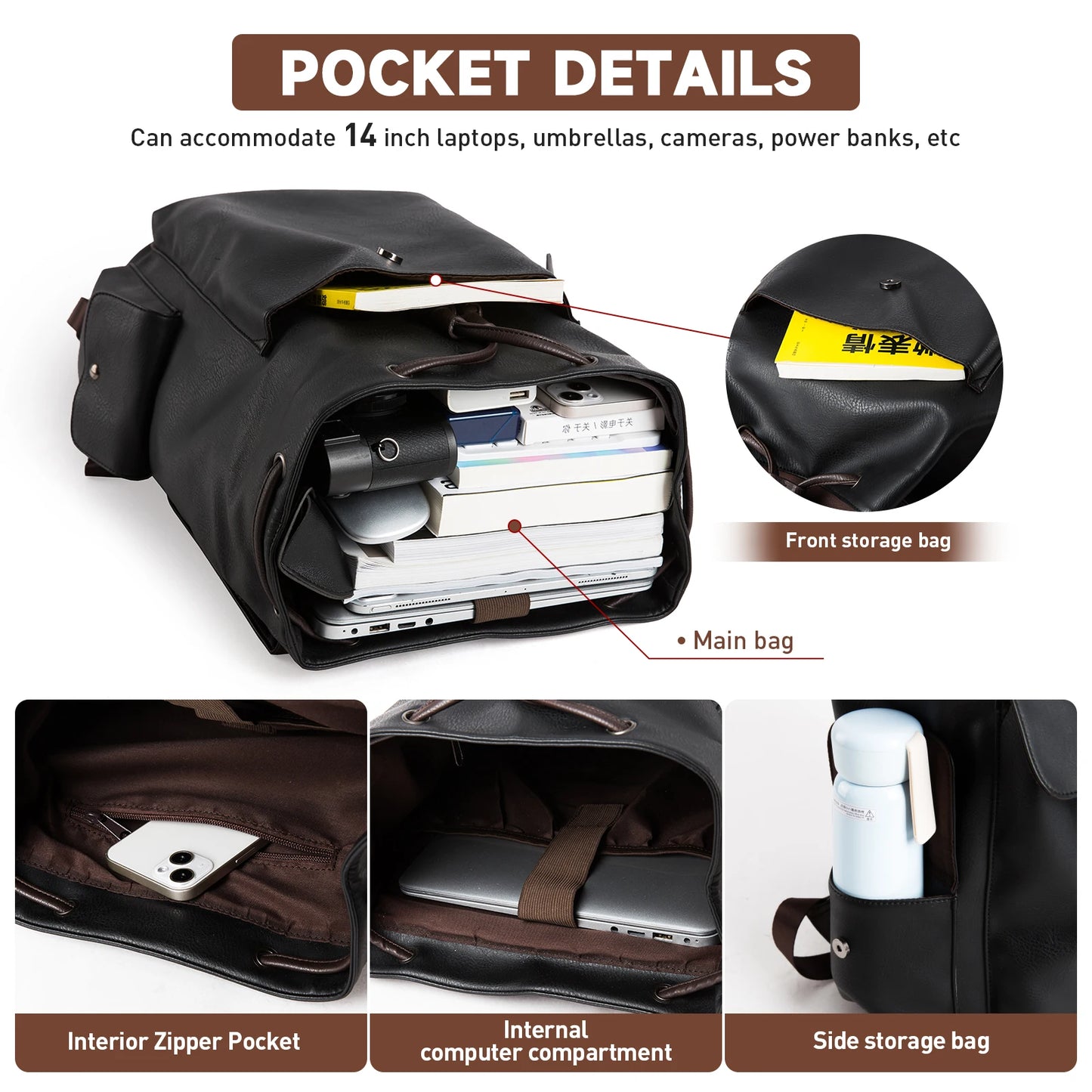 MOYYI PU Leather Bags for Men Waterproof Mochilas Men PU Leather Laptop Backpack