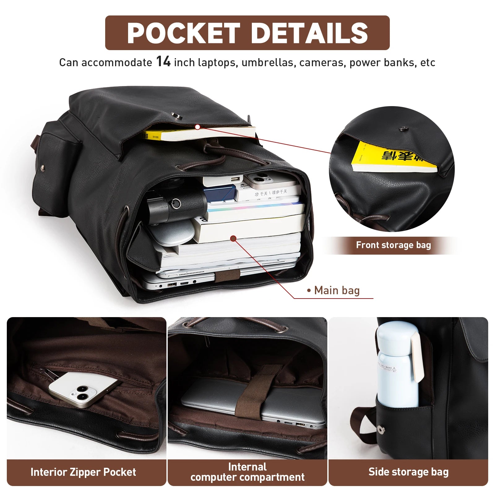 MOYYI PU Leather Bags for Men Waterproof Mochilas Men PU Leather Laptop Backpack