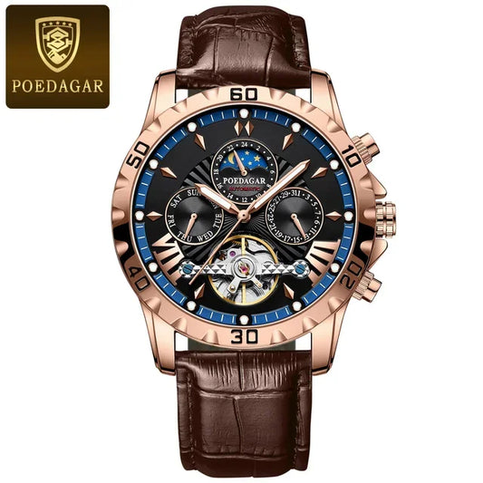 Poedagar 1410 Men's Luxury Automatic Mechanical Watch – Leather Strap, Waterproof, Luminous, Date