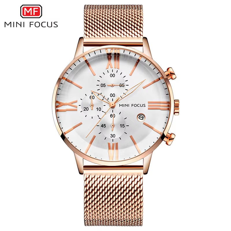 MINI FOCUS 0236G Latest Design Arched Hook Buckle Stainless Steel Mesh Roman Numeral Scale Quartz Watch for Men