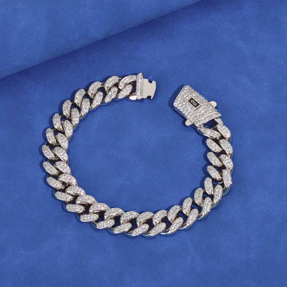 NUOYA Iced Out 925 Silver Bracelet 12Mm Width VVS Moissanite Cuban Link Chain Mens Bling Hip Hop Luxury Jewelry