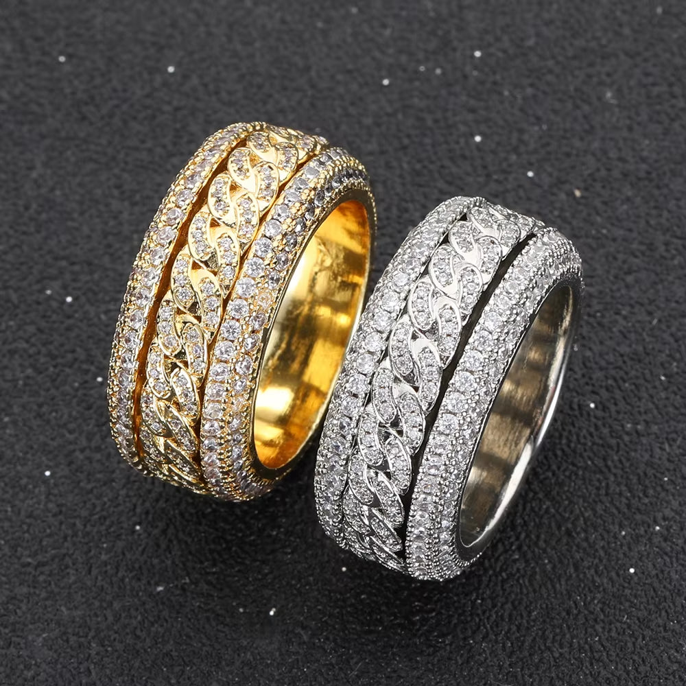 NUOYA Iced Out Bling VVS Moissanite Spinner Cuban Ring 925 Silver Hip Hop Gold Plated Ring Unisex Women Men
