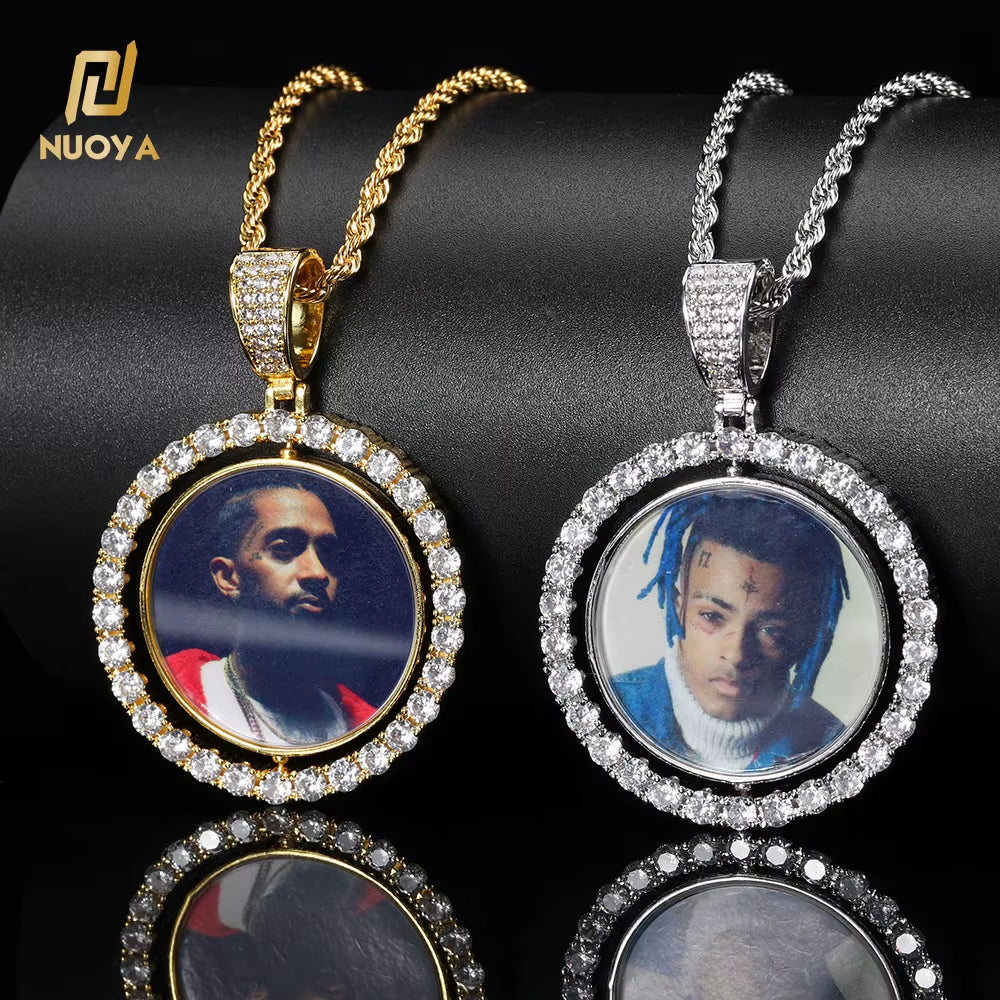 NUOYA Custom Gold Plated Photo Pendant Small Fine Jewelry for Men & Women Hip Hop Style Iced Double Sided Rotating Photo Pendant