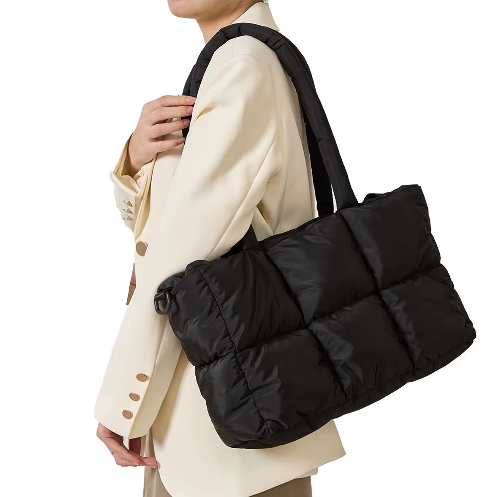 Newest Women'S Tote Puffer Bag Waterproof Black Lady Handbags Winter Cotton Padded Quilted Shoulder Crossbody Bag for Women