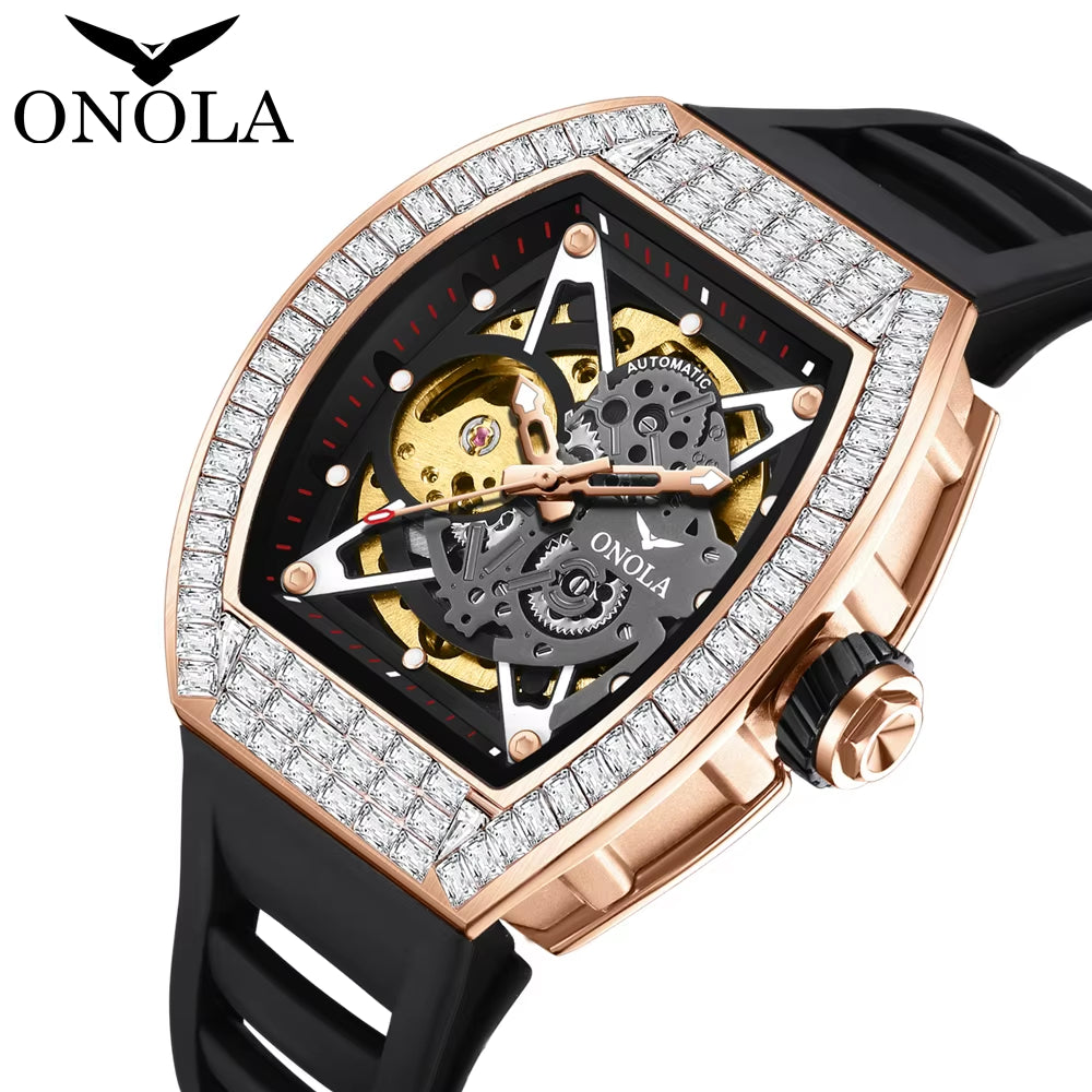 ONOLA 3838F Automatic Mechanical Wristwatch Skeleton Waterproof Watches Fashion Casual Sport Luminous Watch Men