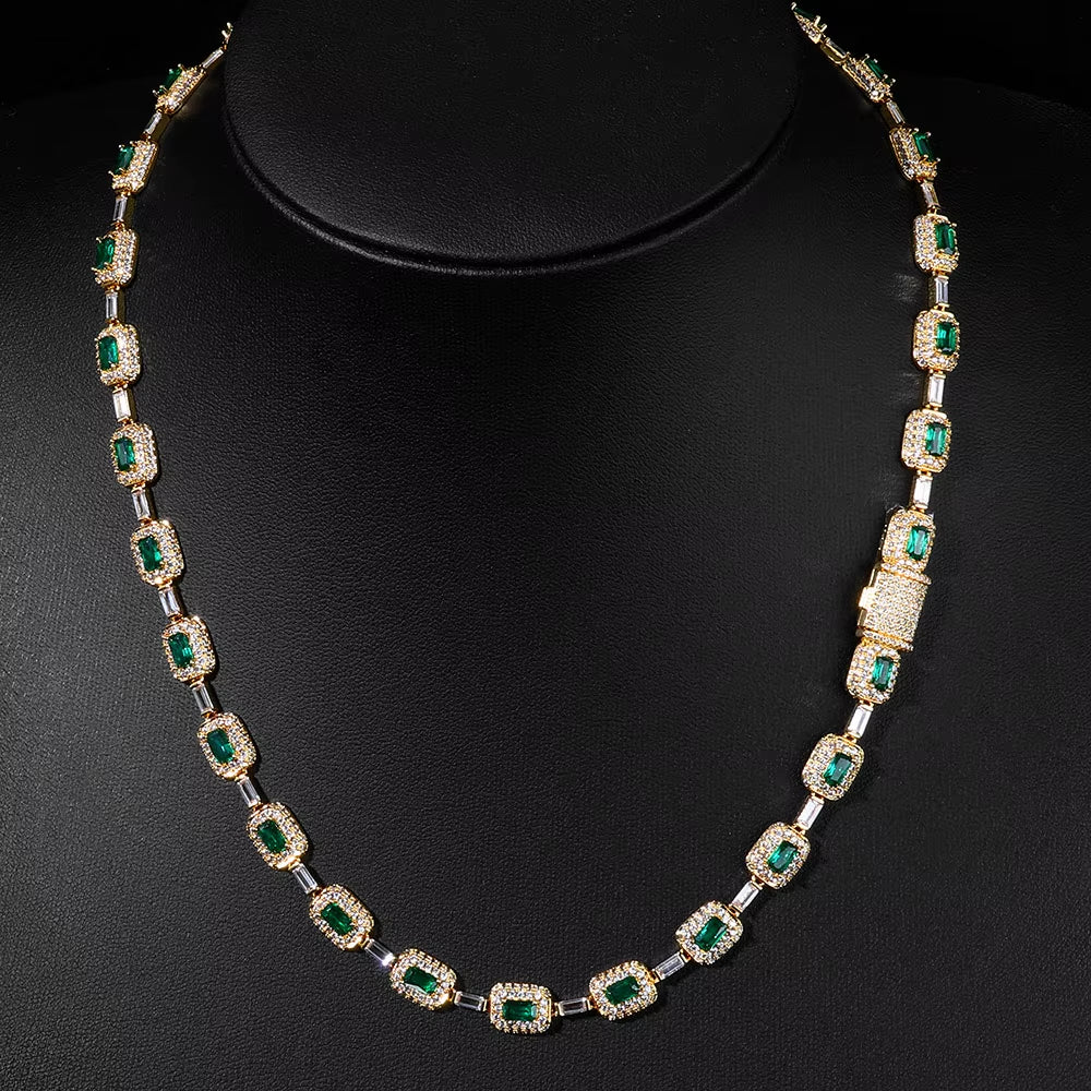 NUOYA Baguette Diamond Link Chain Necklace Silver Plated Micro Pave Emerald Zircon Bling Hip Hop Fine Jewelry