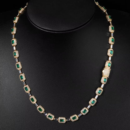 NUOYA Baguette Diamond Link Chain Necklace Silver Plated Micro Pave Emerald Zircon Bling Hip Hop Fine Jewelry