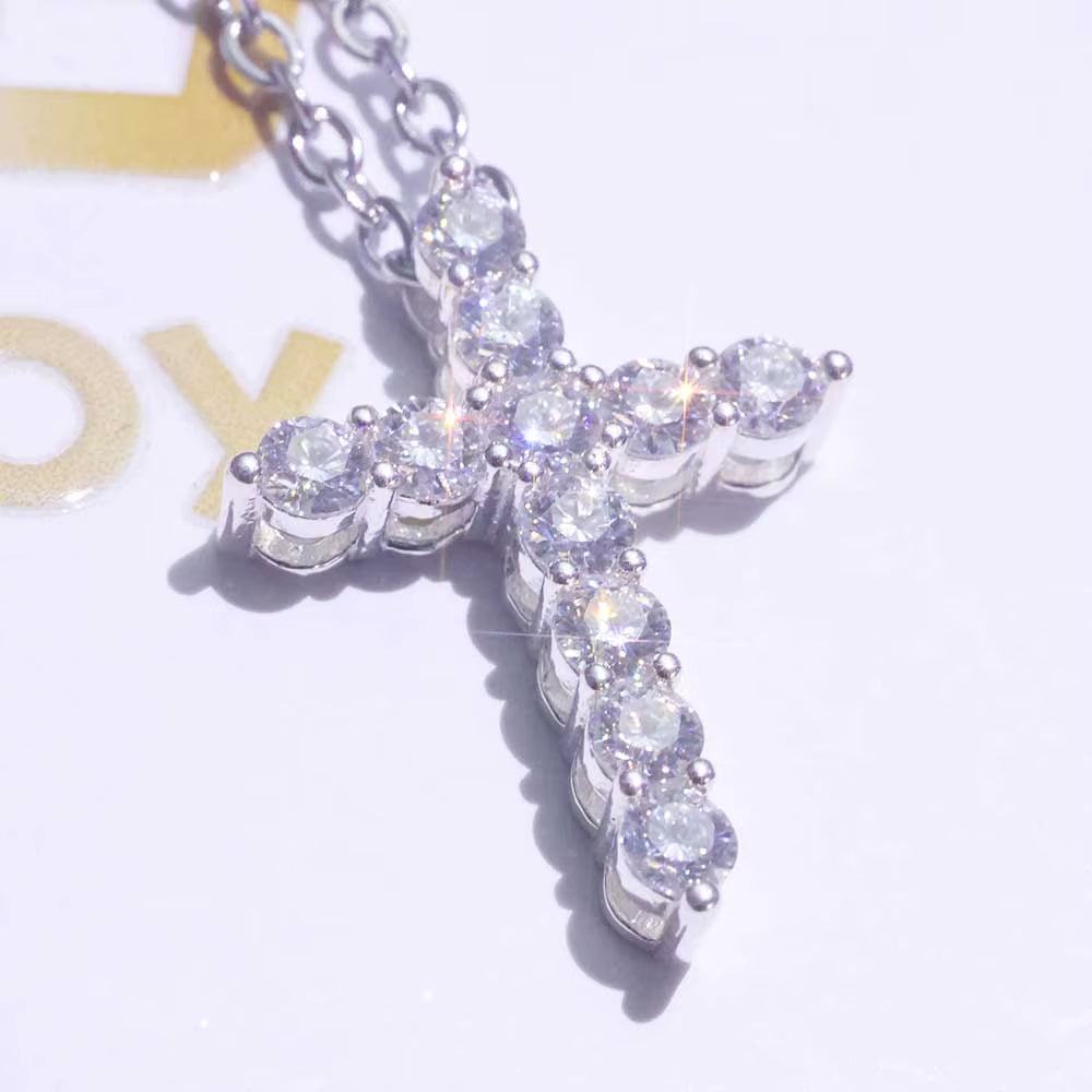NUOYA 925 Sterling Silver Jesus Cross Pendant Iced Out Moissanite Christian Religious Jewelry White Gold Plated Gift for Women