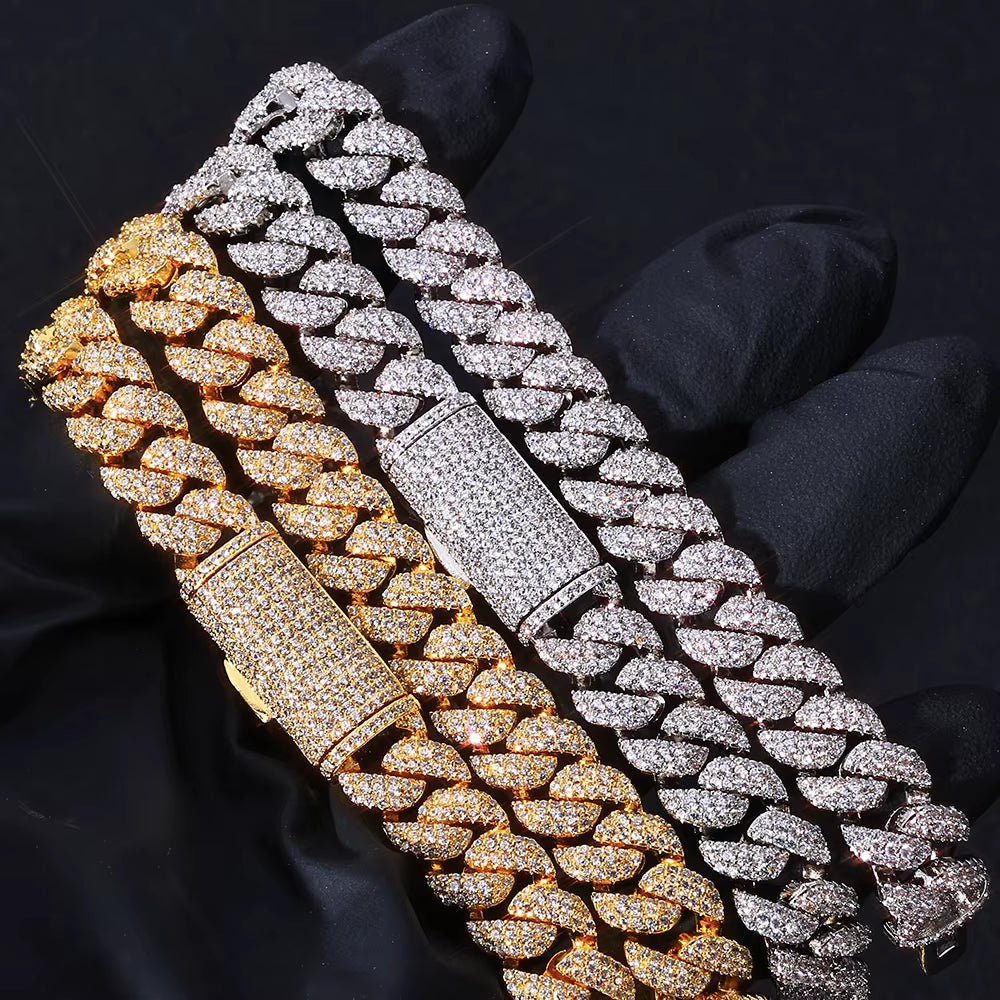NUOYA 10Mm 925 Silver Flip Clasp Bracelet 3 Row Cuban Chain Iced VVS Moissanite Hip Hop Luxury Jewelry