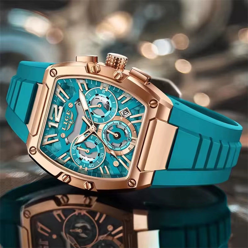 LIGE 89206 Men Wristwatches Creative Rectangle Watch for Man Sports Chronograph Luminous Date Clock Top Brand Hollow Watch Men
