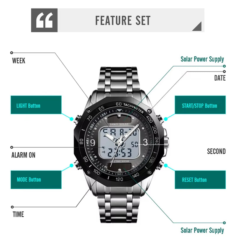 Skmei Wholesale Solar Watches Men Analog Digital Stainless Steel Wristwatches #1493