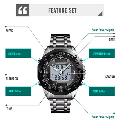 Skmei Wholesale Solar Watches Men Analog Digital Stainless Steel Wristwatches #1493