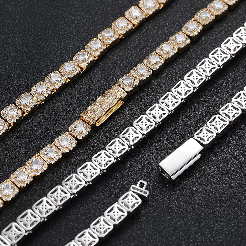 NUOYA Luxury Tennis Chain for Women 7Mm Cluster Design Necklace Gold Silver Plated Iced Out Zircon Shiny Hip Hop Jewelry
