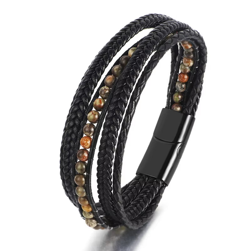 Wholesale Mens Bead Bracelets Stainless Steel Handmade Woven Leather Bracelet Men