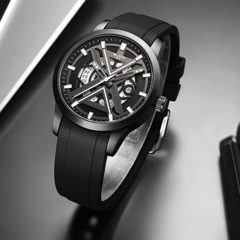 Men'S Luxury Black Wrist Watch with High Quality Silicone Strap Waterproof Luminous Quartz Watch for Men