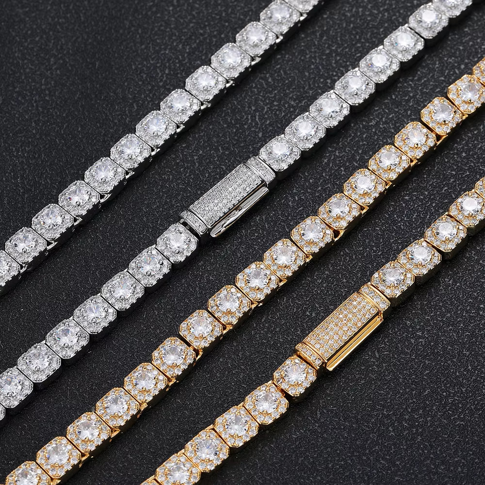 NUOYA Luxury Tennis Chain for Women 7Mm Cluster Design Necklace Gold Silver Plated Iced Out Zircon Shiny Hip Hop Jewelry
