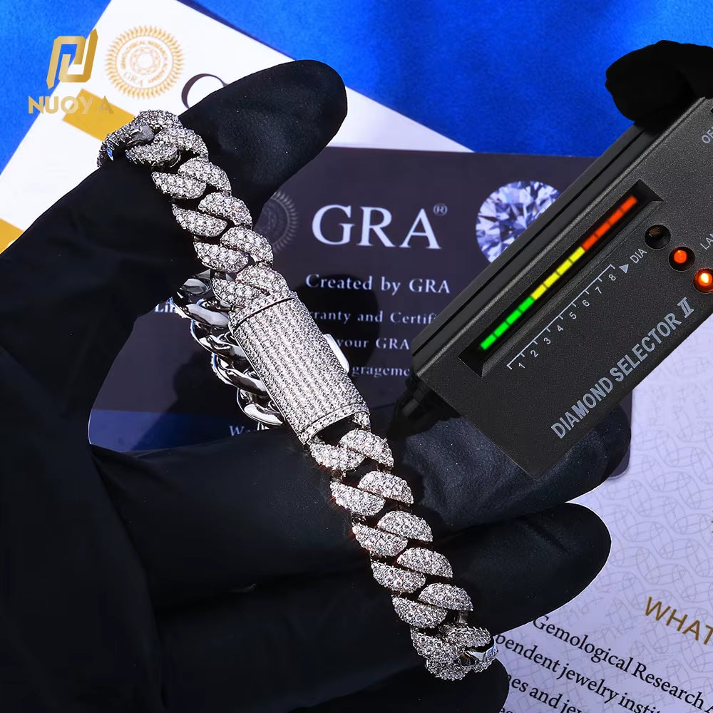 NUOYA 10Mm 925 Silver Flip Clasp Bracelet 3 Row Cuban Chain Iced VVS Moissanite Hip Hop Luxury Jewelry
