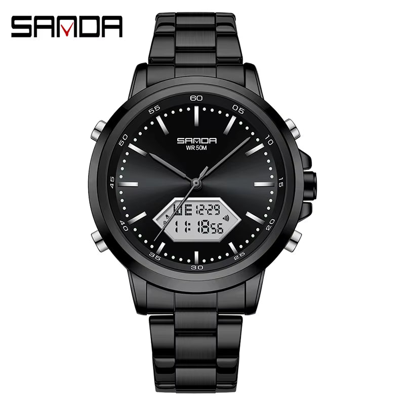 Innovation SANDA Irregular Hexagonal Triple Needle 12/24 Hours Sports Watches Men Wrist Waterproof Digital Trendy Texture