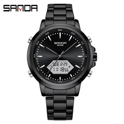 Innovation SANDA Irregular Hexagonal Triple Needle 12/24 Hours Sports Watches Men Wrist Waterproof Digital Trendy Texture