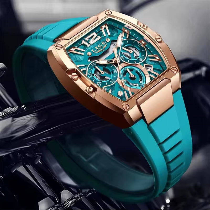 LIGE 89206 Men Wristwatches Creative Rectangle Watch for Man Sports Chronograph Luminous Date Clock Top Brand Hollow Watch Men