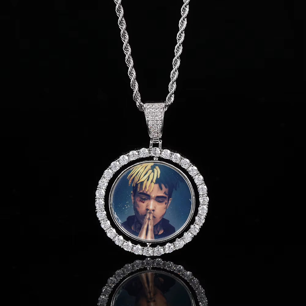 NUOYA Custom Gold Plated Photo Pendant Small Fine Jewelry for Men & Women Hip Hop Style Iced Double Sided Rotating Photo Pendant