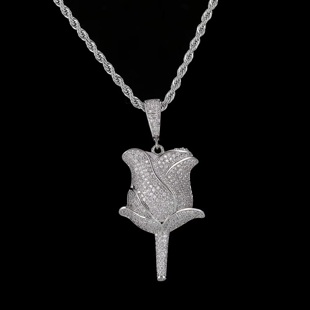 New Hip Hop Style 18K Gold Rose Flower Pendant Necklace Full Pave Zircon Charms for Women Fine Diamond Rose Flower Pendant