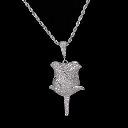 New Hip Hop Style 18K Gold Rose Flower Pendant Necklace Full Pave Zircon Charms for Women Fine Diamond Rose Flower Pendant