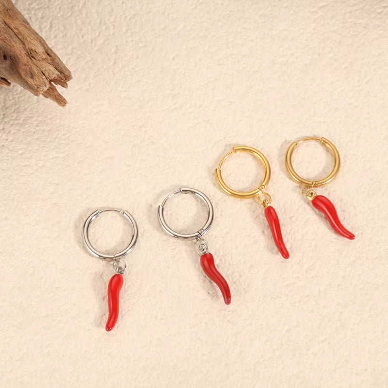 Elegant Waterproof Fashion Jewelry Pvd 18K Gold Stainless Steel Vintage Red Pepper Earring Hoop Stud Huggie for Men Women