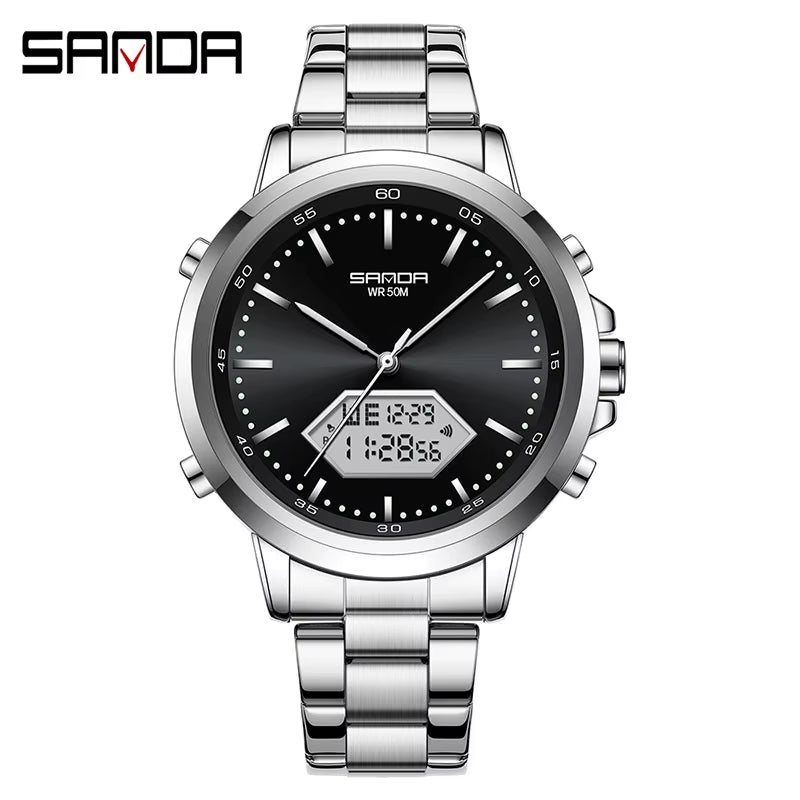 Innovation SANDA Irregular Hexagonal Triple Needle 12/24 Hours Sports Watches Men Wrist Waterproof Digital Trendy Texture