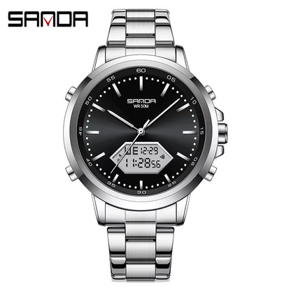 Innovation SANDA Irregular Hexagonal Triple Needle 12/24 Hours Sports Watches Men Wrist Waterproof Digital Trendy Texture