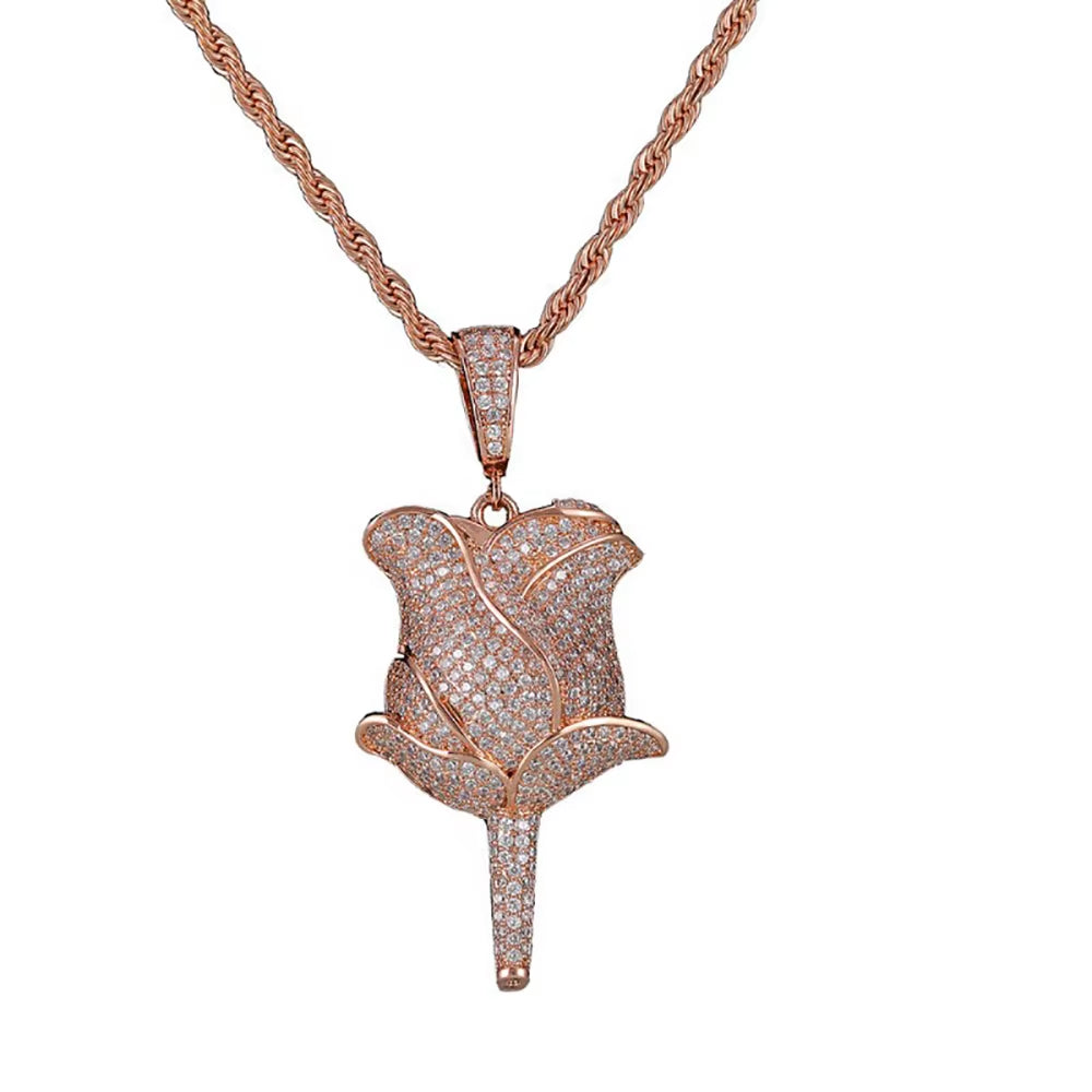 New Hip Hop Style 18K Gold Rose Flower Pendant Necklace Full Pave Zircon Charms for Women Fine Diamond Rose Flower Pendant