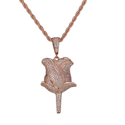 New Hip Hop Style 18K Gold Rose Flower Pendant Necklace Full Pave Zircon Charms for Women Fine Diamond Rose Flower Pendant