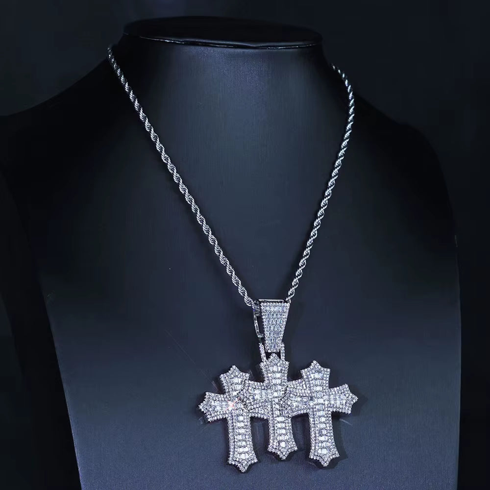 NUOYA High Quality 3-In-1 Micro Pave Bling Baguette Cubic Zirconia Cross Pendant Silver Gold Plated Brass Diamond Charm Pendants