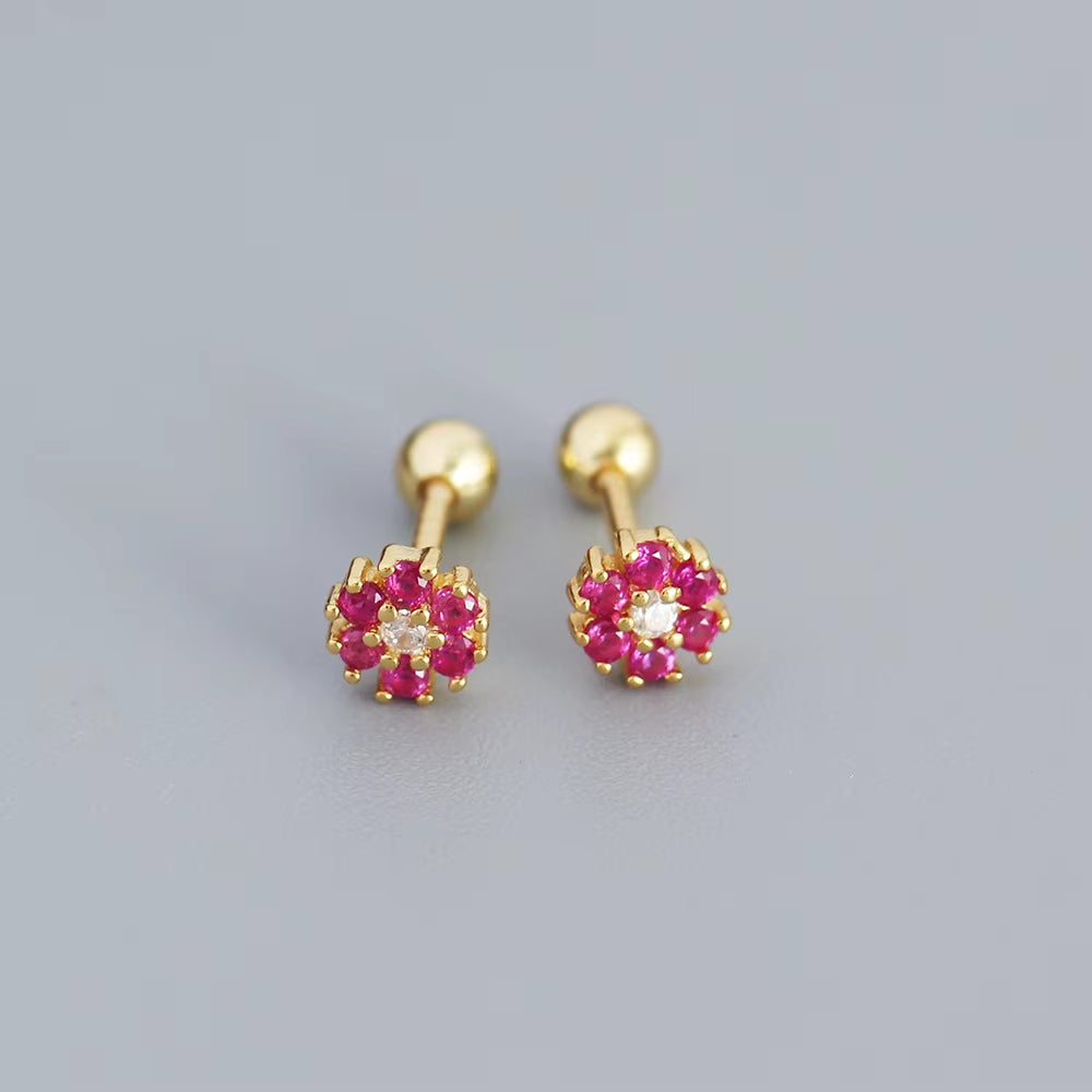 KR Colored Zircon Earrings S925 Sterling Silver Ins Style Flower Inlaid Diamond Screws Earrings Wholesale
