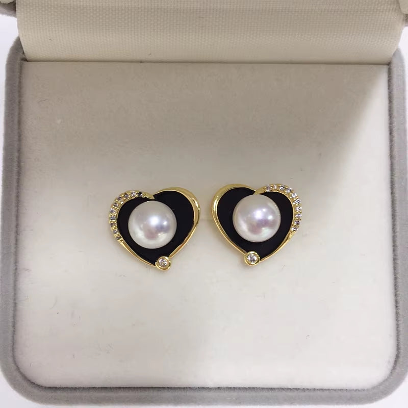2024 High Quality Black Heart Real Freshwater Pearl Earrings Silver Ear Needle Woman Gift