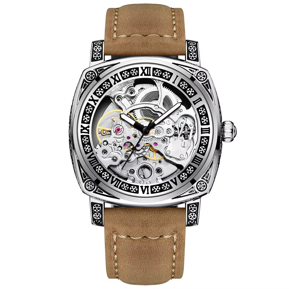 2025 OEM ODM Luxury Top Quality Automatic Mechanical Watch Hollow Out Dial Leather Band Men'S Business Watches